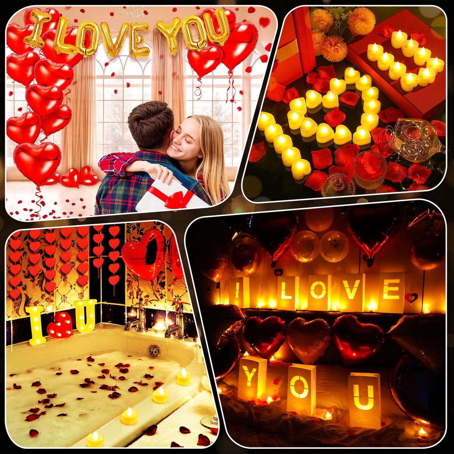 6000+PCS Rose Petals and Candles Set for Romantic Decorations Special Night - I Love You Letters Balloon and 8 Luminary Bags 6000 Rose Petals 48 Heart Candles for Anniversary Valentines Day Proposal