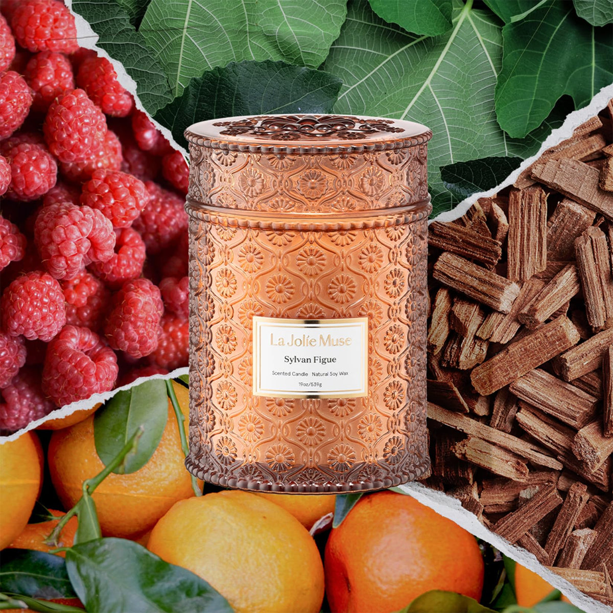 LA JOLIE MUSE Sylvan Figue Candle | Fig Leaf, Red Berries, Sandalwood | 19 oz Large Wooden Wick Candle | Natural Soy Wax | 90 Hours Clean Burn | Gift-Ready for Hosts | Elegant Home Décor