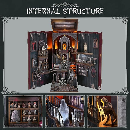 Book Nook Kit DIY Doll House Booknook Miniature Kit for Bookshelf Doll Houses for Adults Teen Halloween 3D Wooden Puzzle Bookends with Led Light and Dust Cover (Haunting Relics)