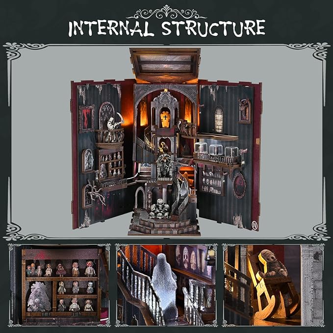 Book Nook Kit DIY Miniature Dollhouse Library Booknook Kit Bookend Bookshelf with LED Light for Adults Teens (Haunting Relics)