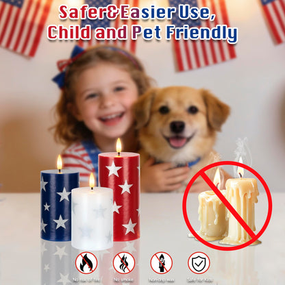 4th of July Flameless Pillar Candles with Remote, 250th Anniversary Patriotic Red White and Blue Battery Operated Candle with Star Sticker, Independence Day Decorations for Home Party Table Fireplace