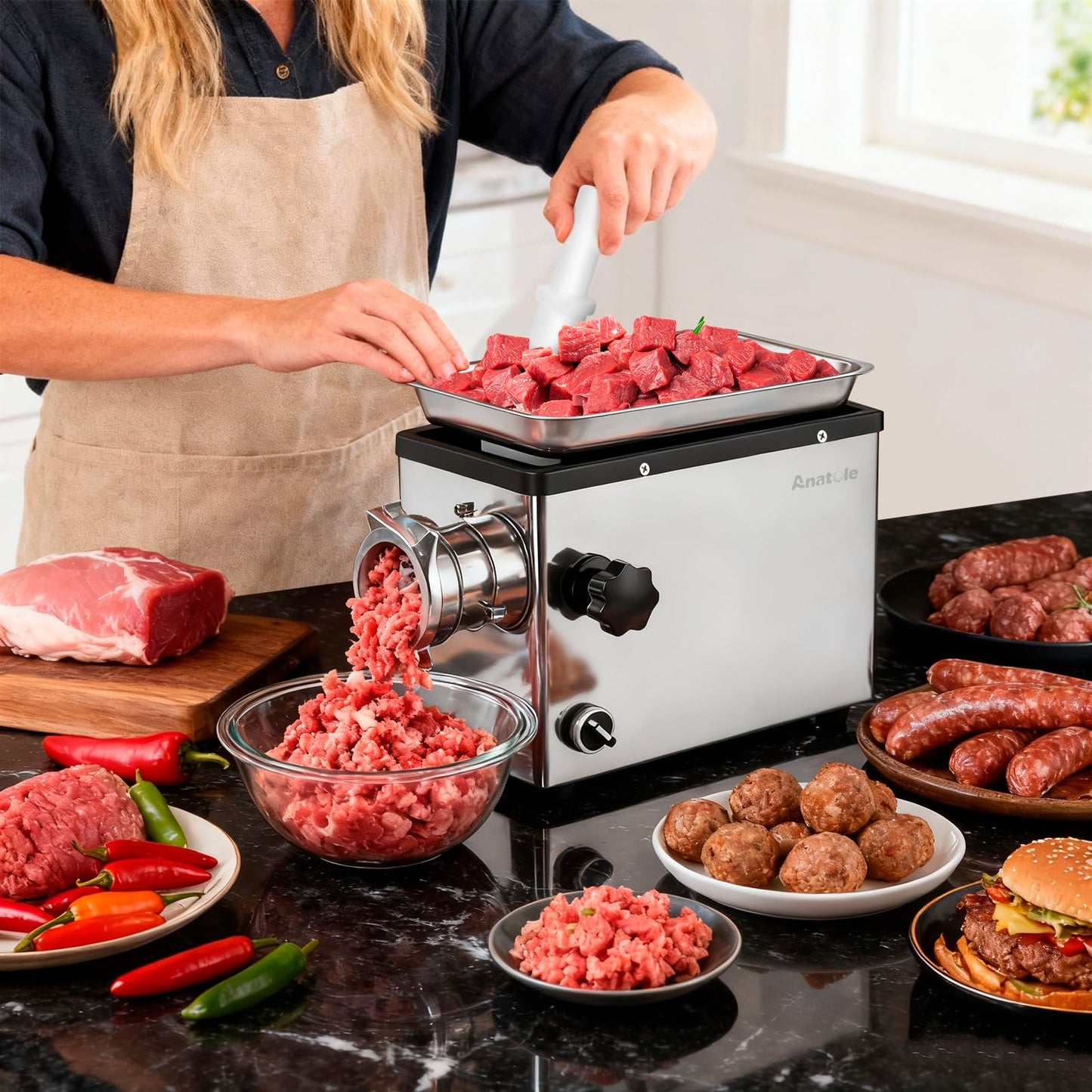 Anatole Commercial Electric Meat Grinder 1.8 HP 1300 W All Stainless Steel Meat Bones Mincer Heavy Duty Sausage Stuffer with 6 Grinding Plates 4 Blades for Restaurant Hotel 110V