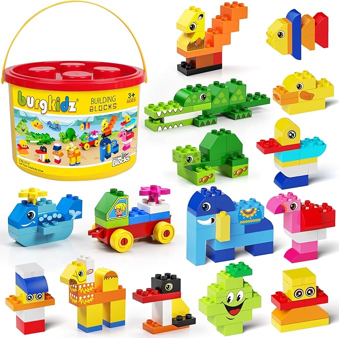 burgkidz Animal Building Toys for Toddlers 3-5 Jumbo 135Pcs Building Blocks Creative Take Apart Puzzle with Storage Bucket Compatible with Major Brands Preschool Birthday Gift for Boys Girls