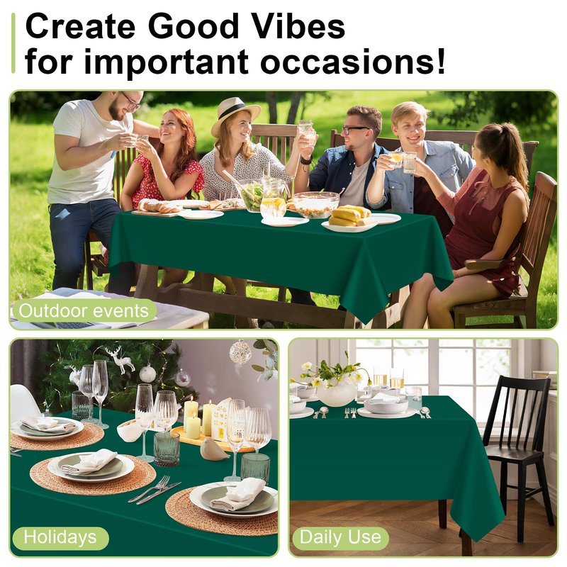 QIKSION Dark Green Plastic Table Cloth Disposable 3 Pack, 54 x 108 Inch Tablecloths for Party, Christmas Decorations, Rectangle Table Cover