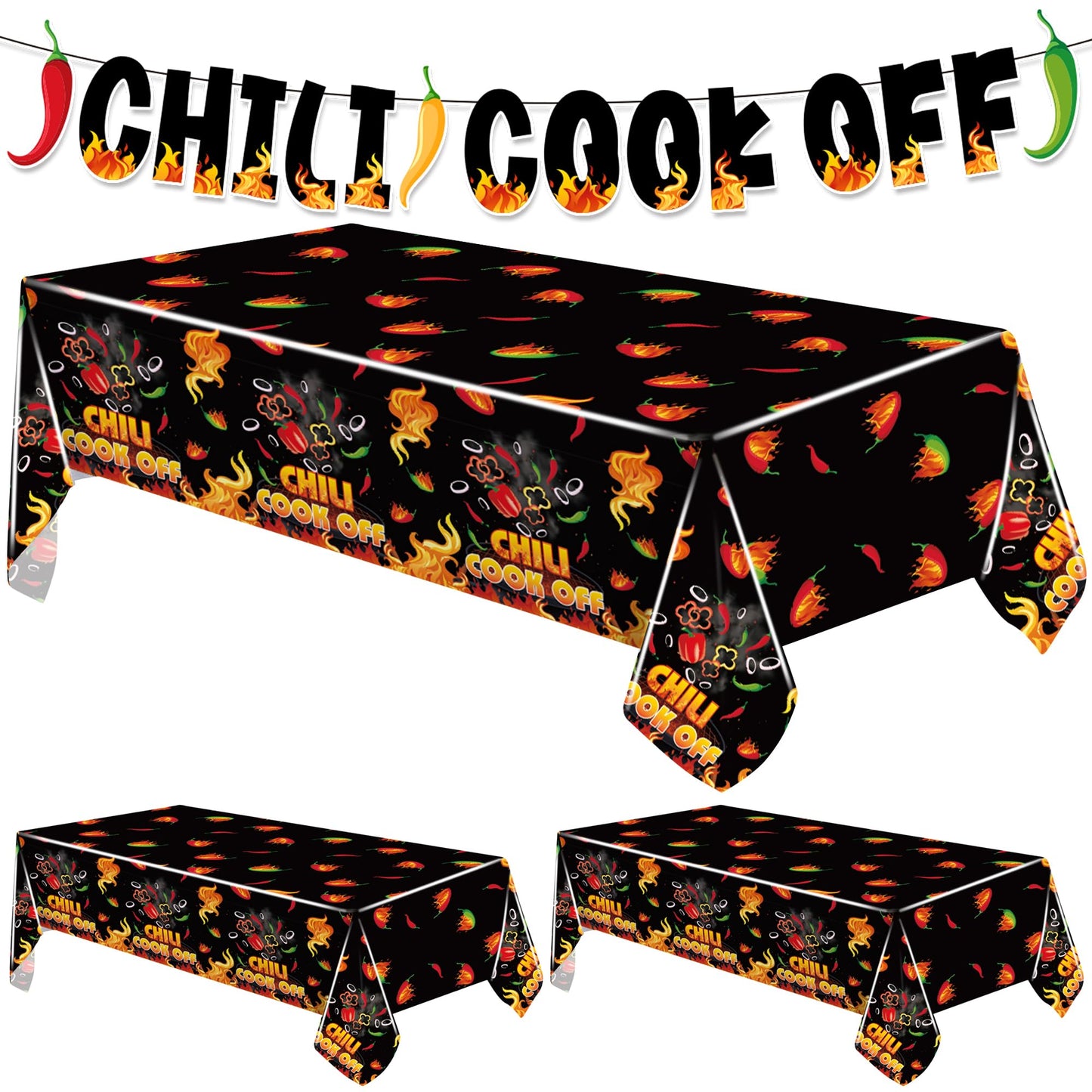 Iceyyyy 4 Pcs Black Chili Cook Off Table Decorations Set-108" x 54" Chilis Peppers Flame Table Covers 33 Ft Cooking Chili Contest Banner-Disposable Chilis Peppers Party Decorations for Party Supplies