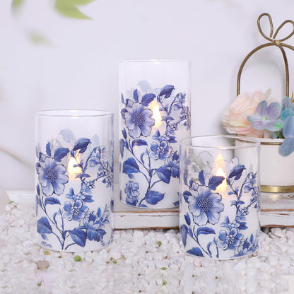 Impress Life Chinoiserie Decor Flameless Candles Blue and White Battery Operated with Remote & Timer Blue White Floral Printed Glass Flickering LED Pillar Candle for Wedding Party Home Table Decor