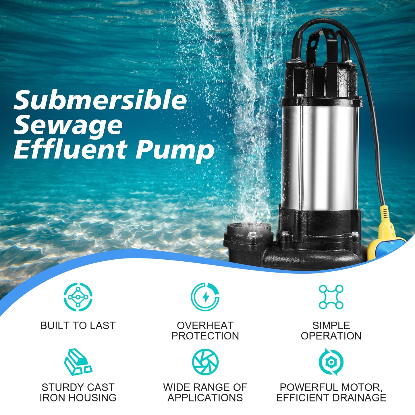 NLIEOPDA 1HP Sewage Grinder Sump Pump, Submersible Effluent Pumps 110V 6400 GPH Auto Float Switch, Cast Iron, 2'' NPT Discharge for Basement, Sump Basin, Residential Sewage
