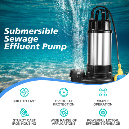 NLIEOPDA 1HP Sewage Grinder Sump Pump, Submersible Effluent Pumps 110V 6400 GPH Auto Float Switch, Cast Iron, 2'' NPT Discharge for Basement, Sump Basin, Residential Sewage