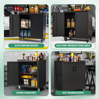 VIYET Garage Cabinets,Metal Garage Storage Cabinet with Wheels,Black Lockable Rolling Tool Cabinet with Drawer and Adjustable Shelves,Heavy Duty Tool Chest for Home Office Utility Room
