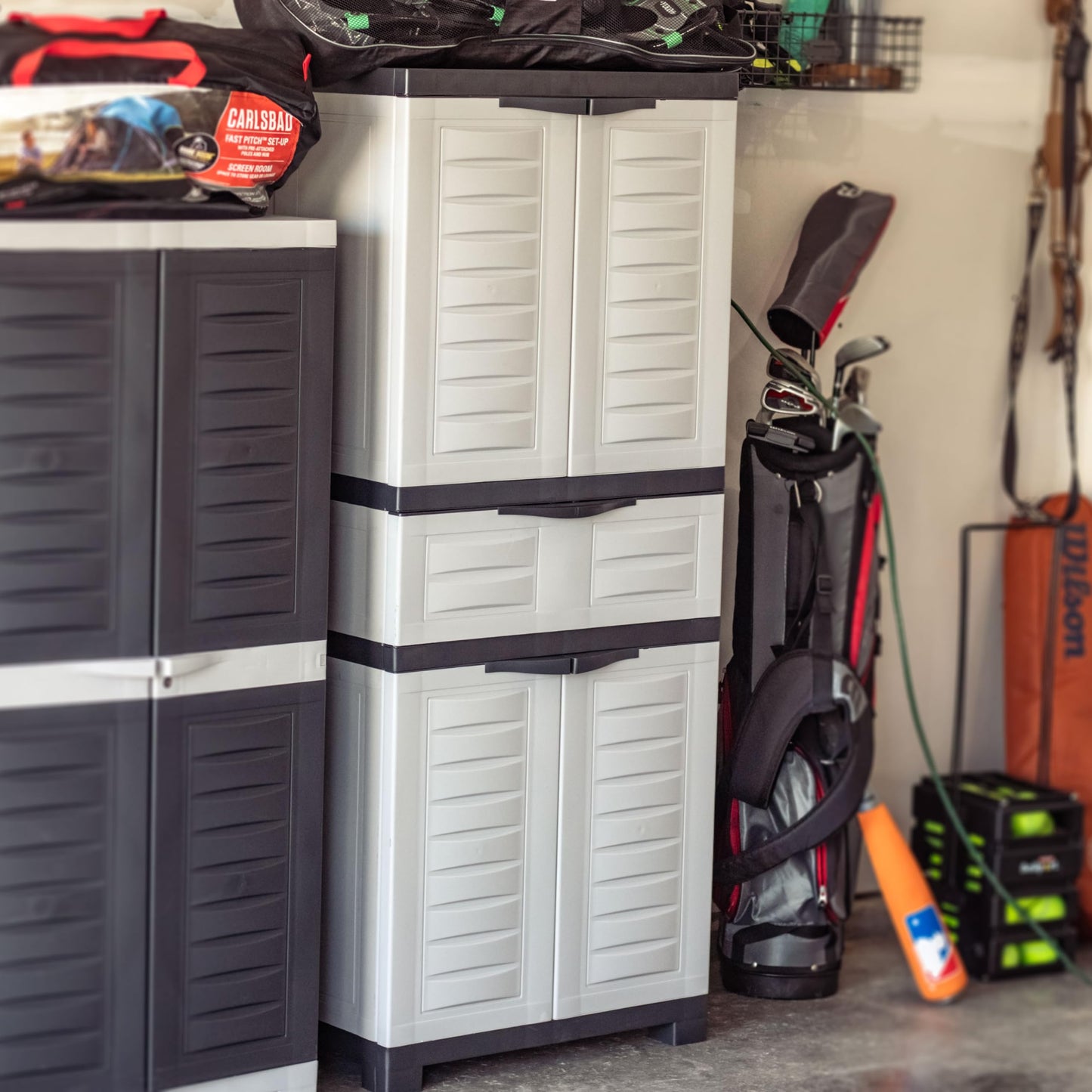 Sunnydaze 57" H Resin Garage Storage Cabinet - Garage Cabinet with 2 Adjustable Shelves - Freestanding Utility Storage for Laundry Room, Office, Basement - Gray
