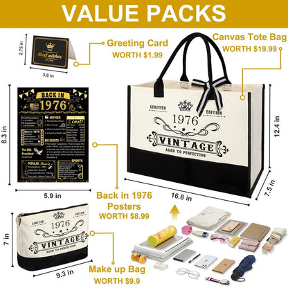 YeohJoy 50th Birthday Gifts for Women Canvas Tote Bag Travel Gear, Unique 50 Years Old Birthday Gifts for Mom Wife Aunt Friends Her, Vintage 1976 Handbag & Cosmetic Bag & Back in 1976 Poster