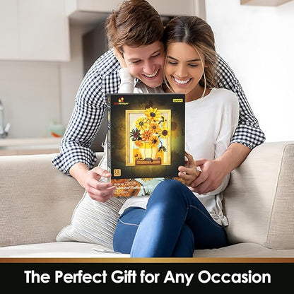 JMBricklayer Flowers Sunflower Building Sets for Adult with Lights 70004 Van Gogh Wall Art Crafts Ideas Flower Bouquet Painting Frame Room Decor Valentine’s Day Birthday Gifts for Women Girl