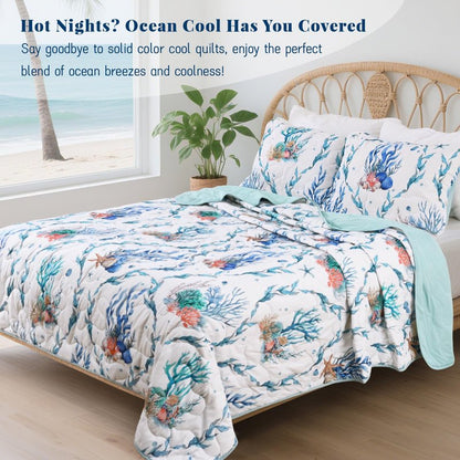 Uspring Cooling Comforter Quilts Queen Size, Double-Sided Cool Comforter for Hot Sleepers Summer Coastal Bedding Set, 3Pcs Lightweight Breathable Cold Summer Bedspreads Blanket Set (Blue, 90'' x 90'')
