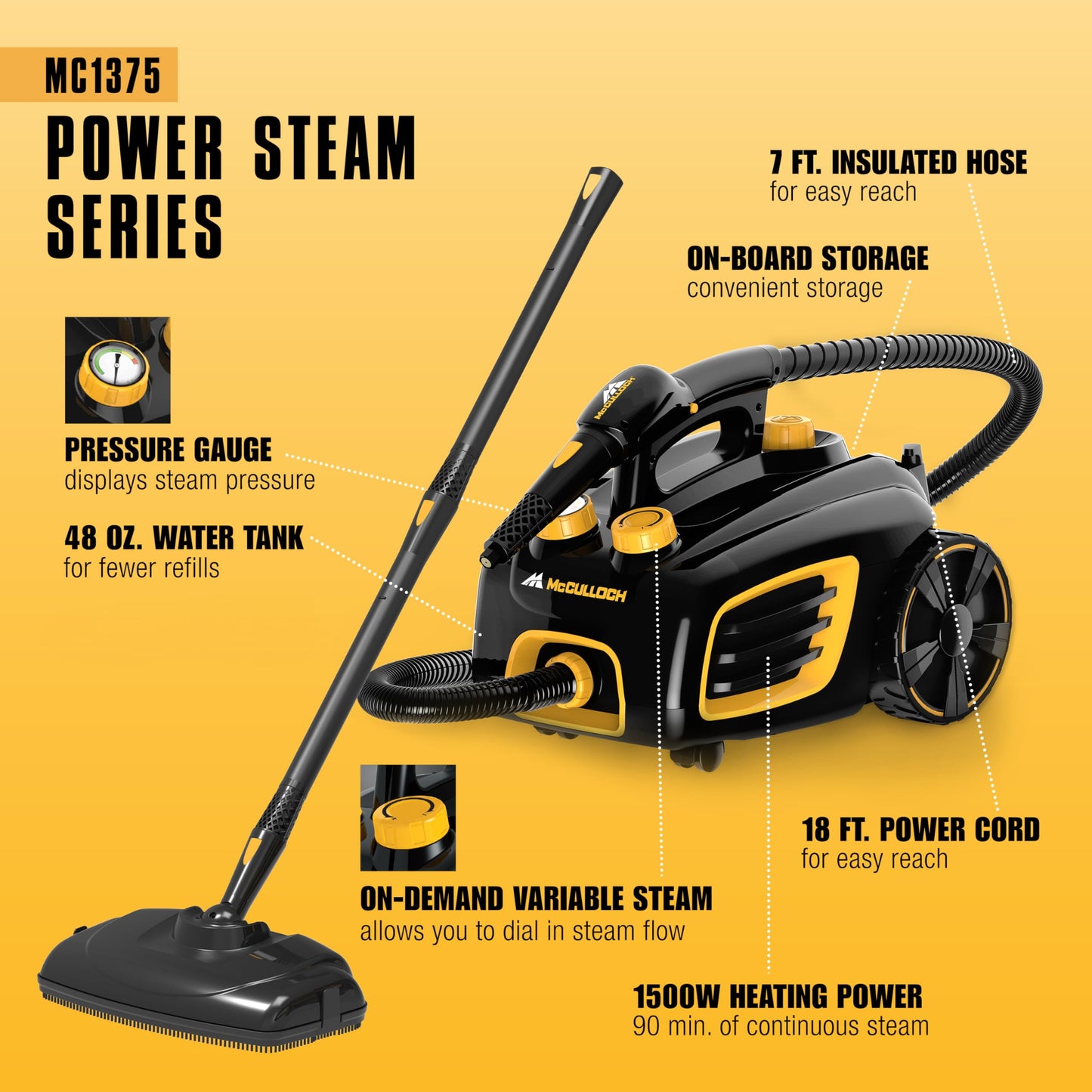 McCulloch Canister Steam Cleaner MC1375, 90 Minute Runtime, 20 Accessories, Jet Nozzle, Brushes, & More - Steam Cleaner for Home, Tile, Carpet, Furniture, & Personal Car Detailing