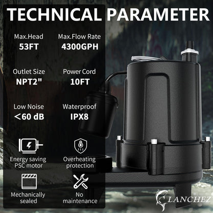 LANCHEZ 1.5 HP 53FT Submersible Sewage Pump, 4300 GPH Heavy Duty Cast Iron Effluent Pump with Automatic Tethered Float Switch, Sump Pump for Sump Basin, Basement, Residential, 2" NPT Discharge, Black
