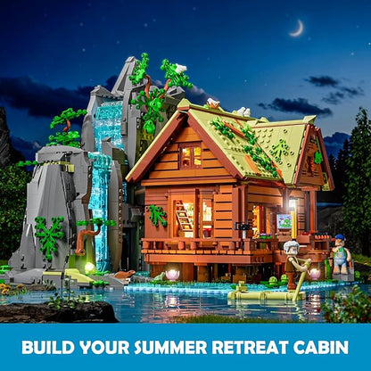 Waterfall-Cabin Lighting Building-Bricks Set - 2539 Pcs Retro Waterfall House Collection LED Light Set for Adults and Retro House Architecture Building Collectors