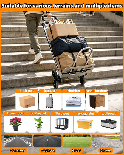 Aluminum 2 in 1 Hand Truck Dolly Cart with 6 Wheels, 600 Lbs Capacity, Heavy Duty Stair Climbing Dolly with Dual Handles, Bungee Cord & Strap for Flat Ground & Stairs, Warehouse, Home, Office, Silver