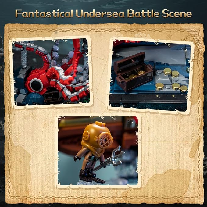PANTASY Steampunk Nautilus Submarine Building Set Modular 3-Section Design with Gear-Linked Propeller Mini Boat &amp Undersea Adventure Scene Retro Mechanical Collectible Model Kit for Adults