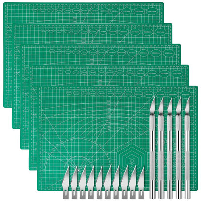 5 Pack Self Healing Cutting Mats and Exacto Knife Set, Sewing Mats with Precision Cutters and Extra 50Pcs SK5 Steel Blade 12" x 18" Work Mat for Crafts, Scrapbooking and Quilting