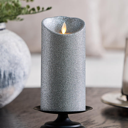 Luminara Brilliant Silver Glitter Flameless Candle Moving Flame LED Pillar (3.5" x 7")