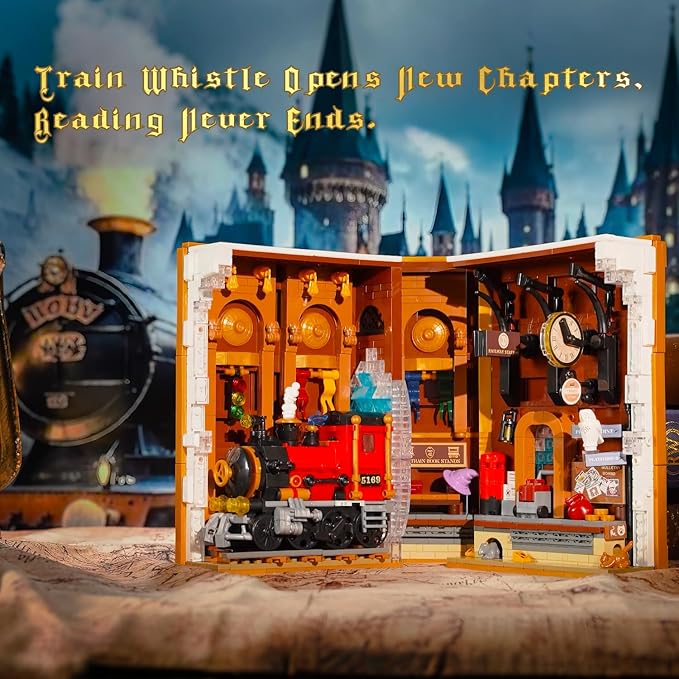 HOGOKIDS Magic Train Station Book Nook Building Set with Light 1300 PCS Booknook Building Toys for Bookshelf Home Decor DIY Miniature House Model Kit Gifts for Adults Boys Girls Age 10+