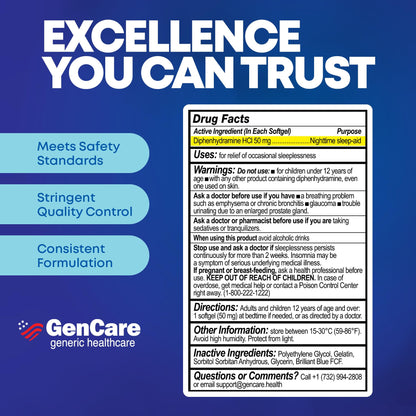 GenCare Maximum Strength Nighttime Sleep Aid Supplement for Adults Deep Sleep Pills with Diphenhydramine HCl 50mg to Fall Asleep Faster- Strong Non-Habit Forming PM Sleeping Relief [96 Softgels]