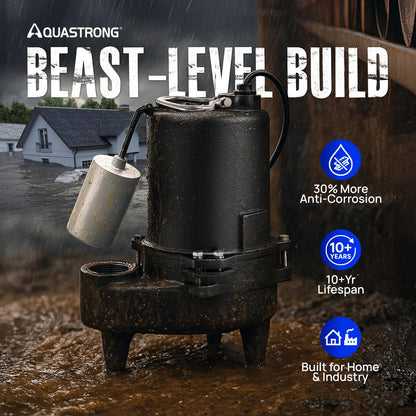 Aquastrong Cast Iron Sewage Pump 1/2HP Effluent Pump 115V 6030 GPH Sump Pump with Auto Float Switch, Ideal for Basement Sump Pits, Industrial Wastewater - Commercial-Grade Sewage System