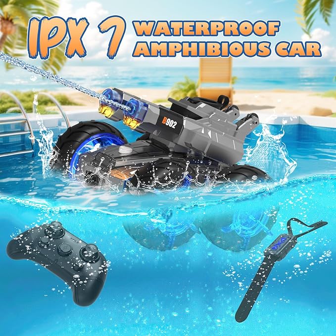 Amphibious Remote Control Car with Water GunWaterproof Monster Truck Rc Boat Water Tank Swimming Pool ToysGesture Sensing RC Stunt CarsBirthday Gifts for Boys Girls Teens 8 9 10 11 12 13+ yrs