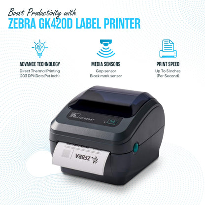 Zebra GK420D Direct Thermal Label & Barcode Printer – Ethernet/USB Connectivity – 1 Year Warranty – Includes 24V Adapter, 4x6 Labels, USB Cable & Microfiber Cleaning Cloth (Renewed)
