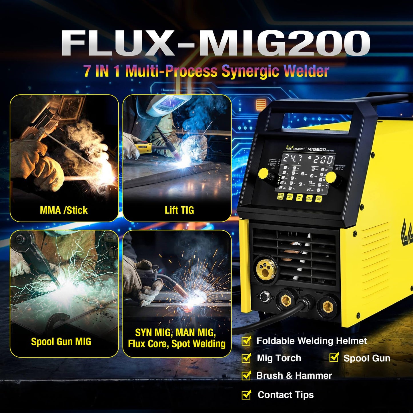 Weldpro MIG Welder, 200Amp 7-in-1 Gas MIG/Gasless Flux Core MIG/Synergic MIG/Lift TIG/MMA/Spot/Spool Gun Aluminum Multi process Welding Machine with Large LED Display, IGBT, 2T/4T, Save Job