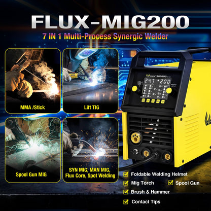 Weldpro 200 Amp MIG Welder, 110/220V 7-in-1 Manual MIG/Synergic MIG/Gasless MIG/Lift TIG/MMA/Spot/Spool Gun Aluminum Multi-process Welding Machine with Large LED Display, IGBT, 2T/4T, Spool Gun