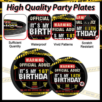 96 PCS Caution Logos 18th Birthday Party Paper Plates and Napkins 18 Years Old Party Decoration Warning Themed Official Adult 18th Dinnerware for Boys Girls 18 Year Old Birthday Gatherings Decorations