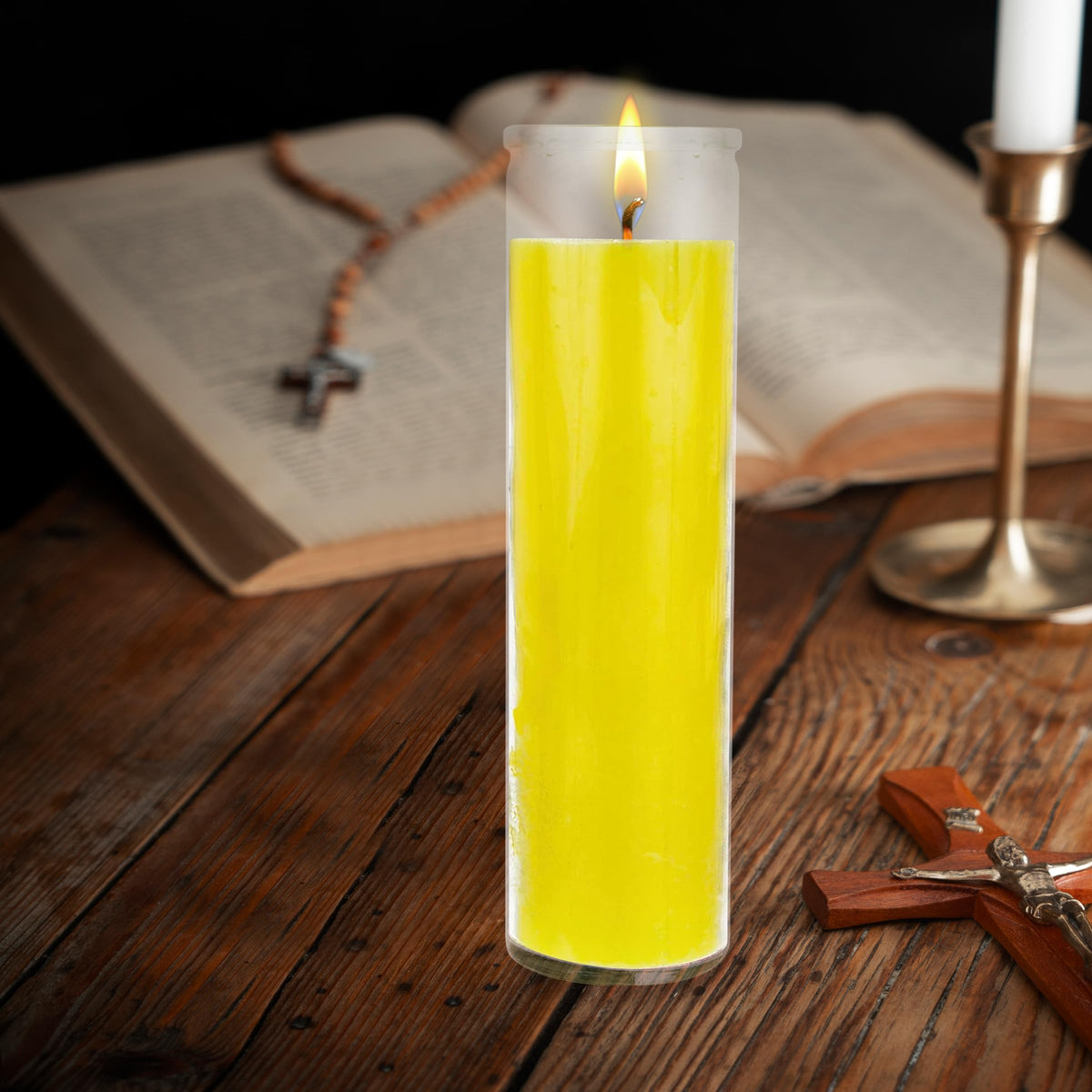 Mega Candles 1 pc Unscented Yellow 7 Day Glass Container Devotional Prayer Candles, Premium Wax Candle 2 Inch x 8 Inch, Sanctuary, Vigils, Prayers, Blessings, Religious, Memorials, Remembrance