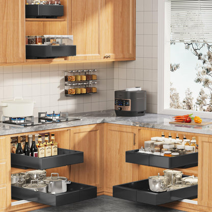 Seinloes 4 Pack Expandable Width (9"-14.1") Pull Out Cabinet Organizer 21" Deep with Raising Pad for Framed Cabinets, Upgrade 3 Slide Rails Slide Out Drawers, Roll Out Shelves Adhesive, Black