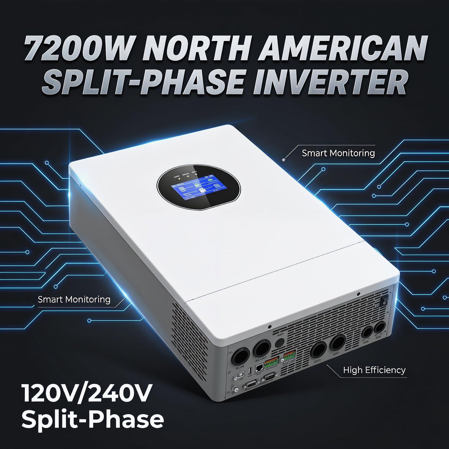 7200W Split-Phase Hybrid Solar Inverter, 120V/240V, 150A Dual MPPT, 48V Battery, UL Certified for Home Backup