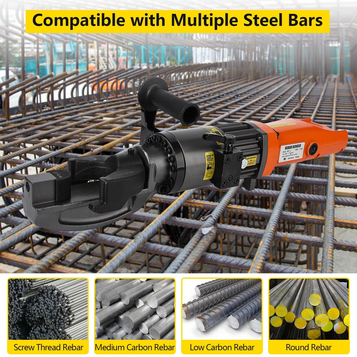 Electric Hydraulic Rebar Bender Tool,1200W 110V, Bending up to 7/8 in #7 22 mm Rebar, Bending Angle0-130°, Hand Held Bender Machine for Rod Steel Bar (1200W NRB-22)