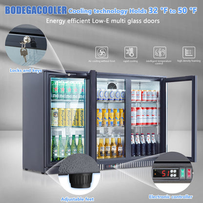 BODEGA BODEGACOOLER Commercial Bar Cooler With 3 Glass Doors,11.4 Cu.Ft Under Counter Beverage Refrigerator,Back Bar Refrigerator,Commercial Display Drink Fridge,LED Lighting Beer Wine Soda Drinks