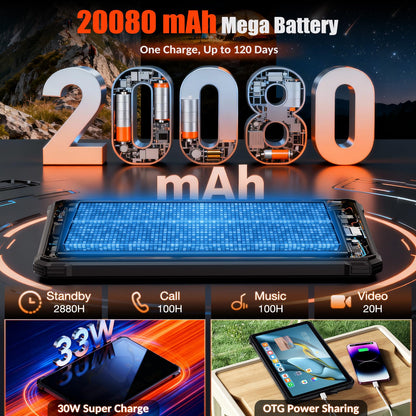 ORCATAB WT1 Pro 2026 5G Rugged Tablet Android 15, 2K 11" 120Hz 33W 20080mAh Waterproof Tablet, 32GB+256GB/2TB Outdoor Tablets, 64MP+16MP+20MP Gemini AI/IP68/5G LTE WiFi/Face ID/OTG/GPS/Camping Lantern