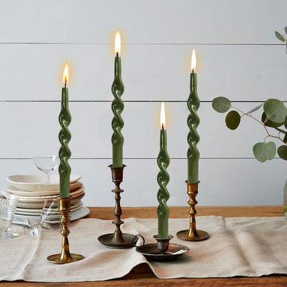 10 Inches Spiral Taper Candles Sticks Olive Green Twisted Candle Dripless Unscented Long Candles, Handmade Candlesticks for Wedding Dinner Decor, Set of 4
