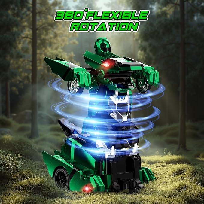 Dinosaur Transform Rc Cars 2.4Ghz Remote Control Car Transforming Robot with Flashing Light 360° Rotation One Button Deformation Car Toy Gifts for Boys Age 4-7 8-12