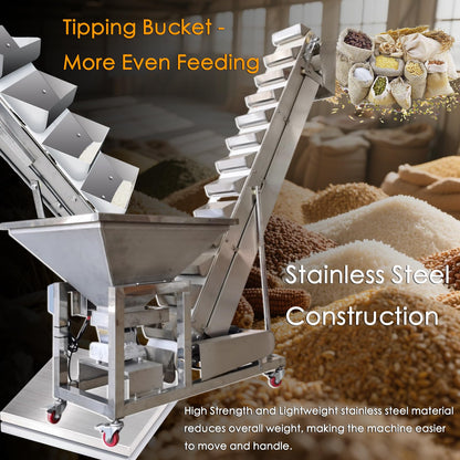 EQCOTWEA Electric Bucket Elevator Conveyor with Tilting Flip-Up Hopper Feeder 40gal Loading & Transfer Machine Stainless Steel Industrial Feeding System 220V/1PH