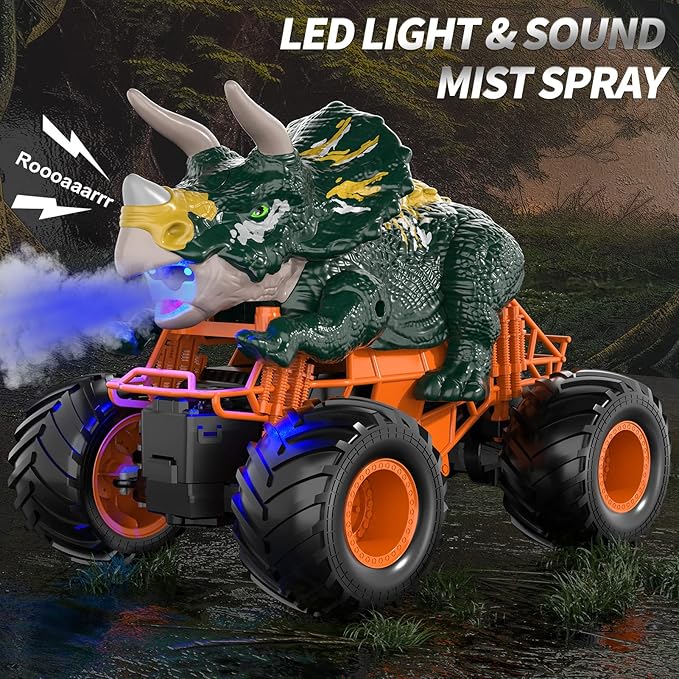 Bennol Remote Control Dinosaur Car for Boys Kids 2.4Ghz RC Triceratops Truck Toy for Toddlers Electric Hobby RC Car Toys with Light &amp Sound Spray for 3 4 5 6 7 8 Year olds Kids Boys Girls