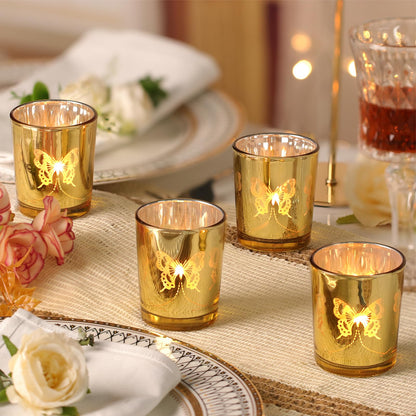 Gold Votive Candle Holders Set, 12 PCS Tea Lights Holder Decorative Bulk with Butterfly Pattern, Candle Holders for Wedding Table, Birthday, Home Decor, Party Supply