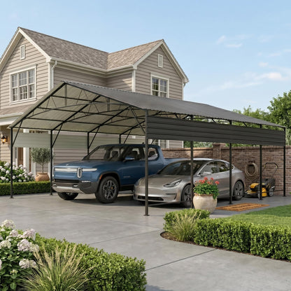 Devoko 20x20 FT Metal Carport, Heavy Duty Car Canopy with Galvanized Steel Roof, Reinforced Base Frame, All-Weather Garage, Outdoor Shelter for Cars, Trucks, Boats, Tractors & RV (Black)