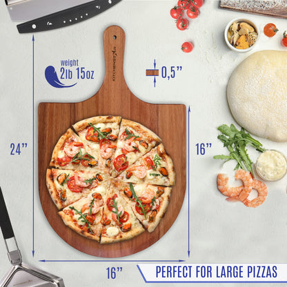 KitchenStar Pizza Cutter Rocker 18" + Acacia Wood Pizza Peel 16" + Pizza Stone for Oven and Grill 16" - Pizza Making Bundle