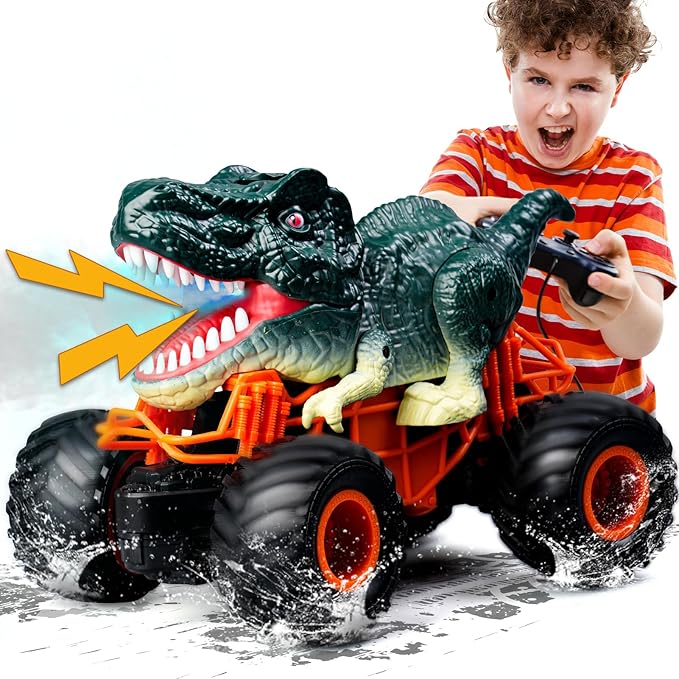 Dinosaur Monster Truck Toys - Remote Control Dinosaur Car 2.4Ghz RC Truck with Lights Music &amp Spray - Electric Hobby RC Cars for Toddlers - Birthday Gift for Kids Boys Girls Ages 3-8 (Green)