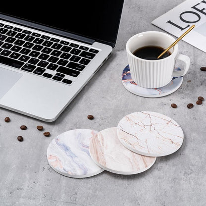 Hoewina 6Pcs Drink Coasters with Holder, Marble Style Ceramic Drink Coaster, Absorbent Coasters Set Suitable for Kinds of Cups, Modern Style Coasters for Coffee Table, 4 Inches（Natural）