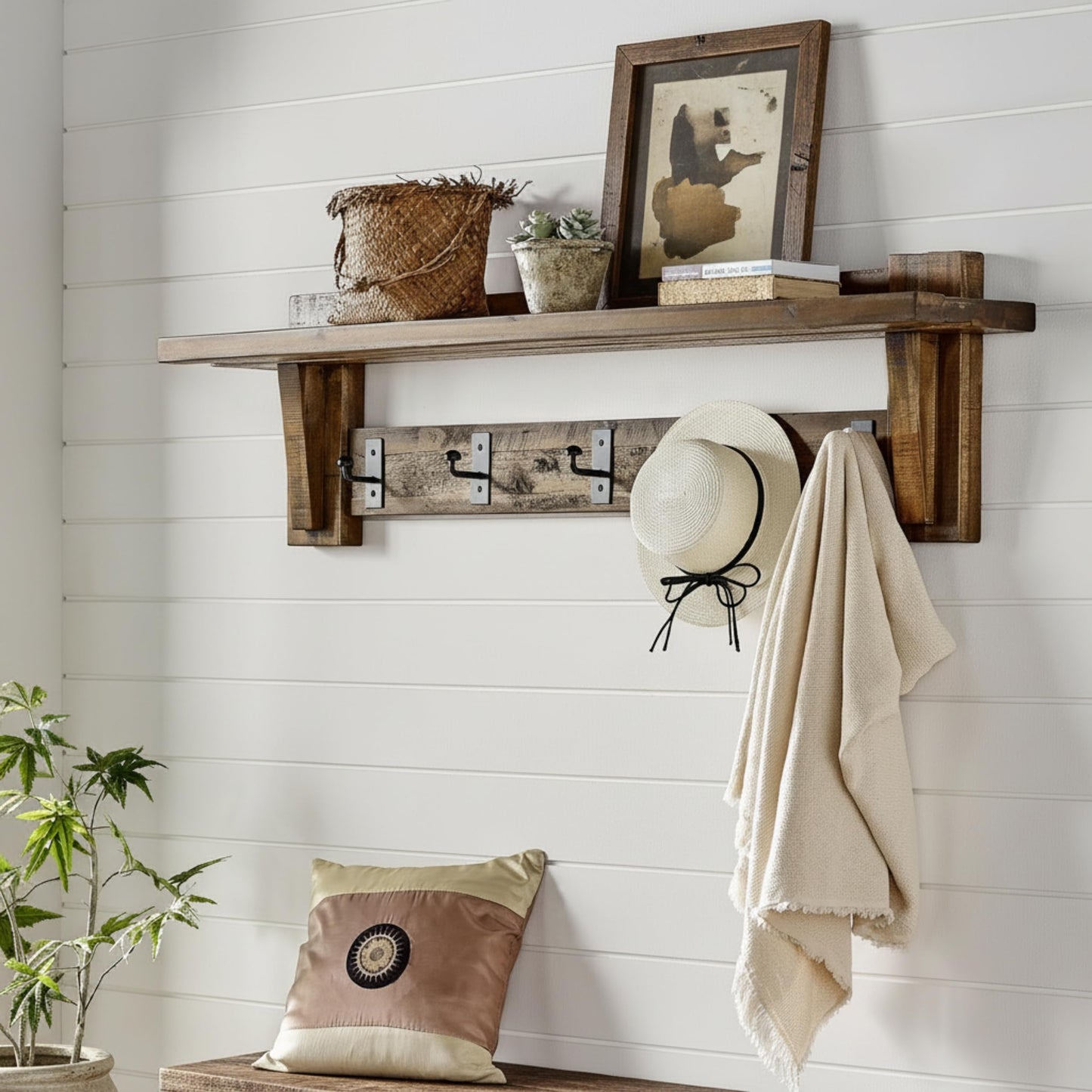Alaterre Furniture Durango 60 Inch Solid Wood Entryway Organizer - Rustic Industrial Farmhouse Wall Mounted Coat Rack with Shelf and 5 Black Metal Hooks for Mudroom, & Living Room (Natural)