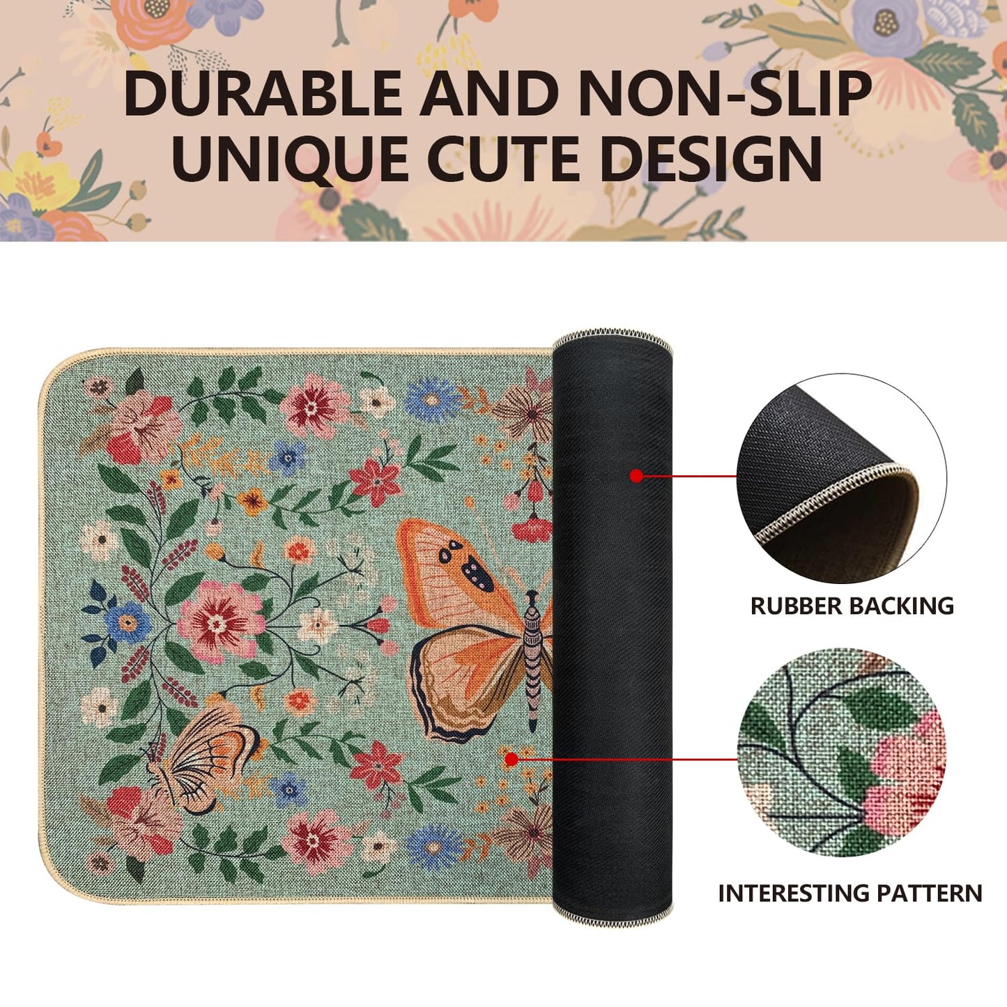 SHIYUE Boho Kitchen Mat Set of 2, Green Butterfly Flower Kitchen Rugs Farmhouse Modern, Non Skid Washable Rubber Runner Rugs, Kitchen Decor Accessories（17x47in+17x30in）