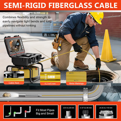Sewer Camera with 512Hz Transmitter, Self-Leveling Drain Camera 100ft with Meter Counter, 9" HD Plumbing Camera Snake with 12 LED Lights, 5100mAh Battery, IP68 Waterproof, 32GB DVR for Pipe Inspection